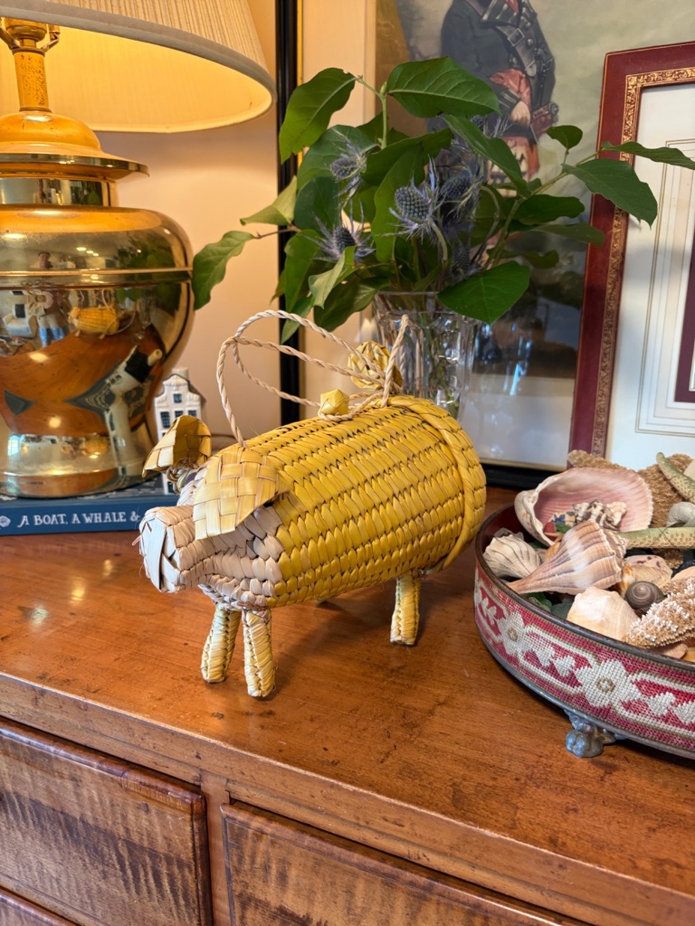 Pig purse Handwoven natural fiber basket long strap opens at bum.